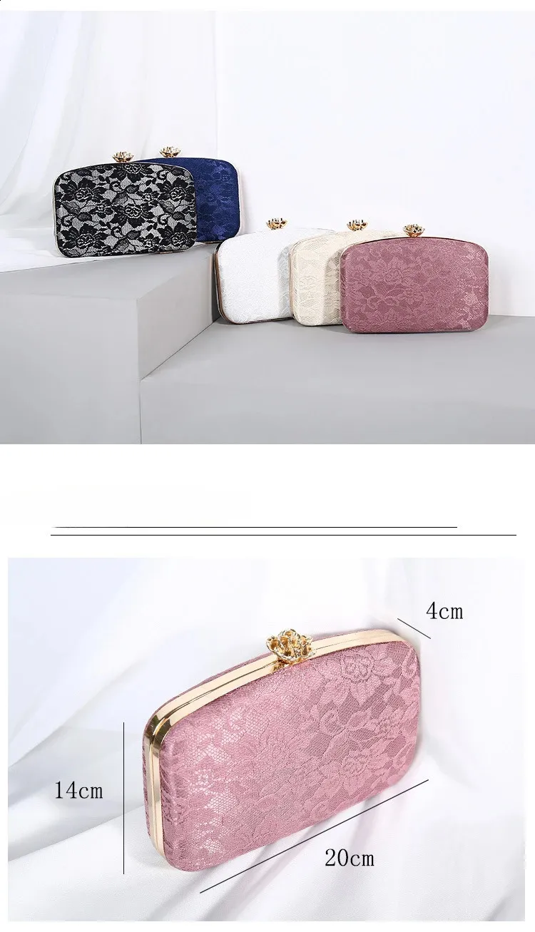 Damen Rosa Spitze Abend Clutch Handtasche Metall Rose Knopf Umhängetasche Kette Braut Geldbörse Bolsas 240827_voghion.com