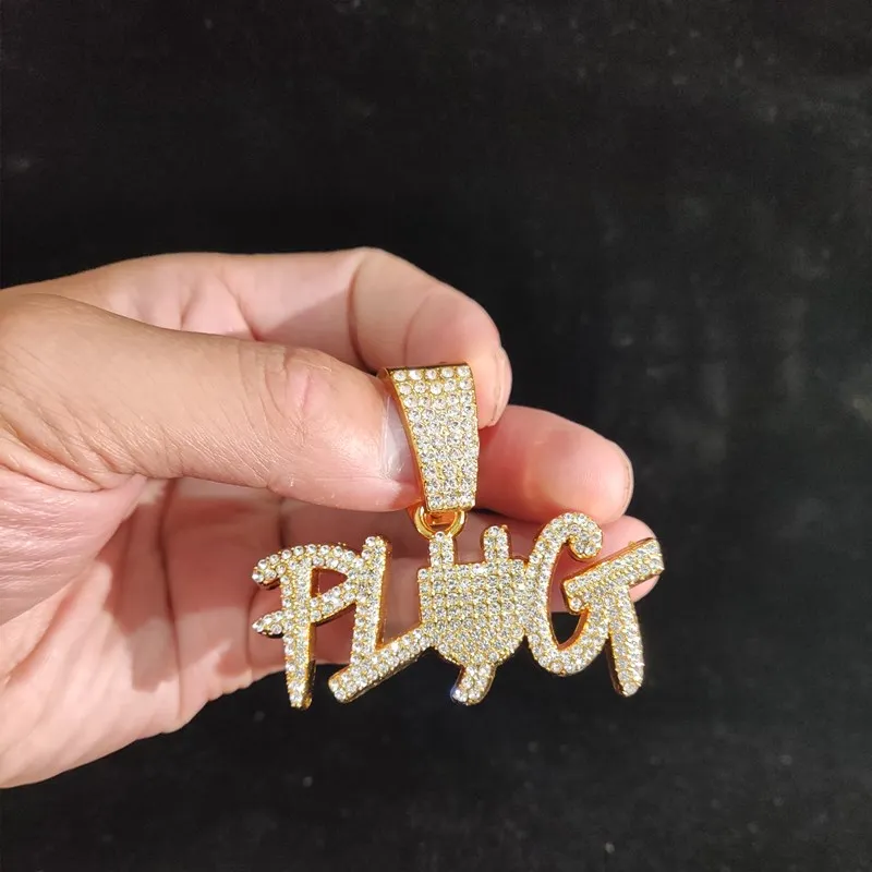 Colliers pendentifs hommes femmes Hip Hop PLUG collier lettre avec chaîne cubaine en cristal de 13 mm HipHop Iced Out Bling Fashion_voghion.com