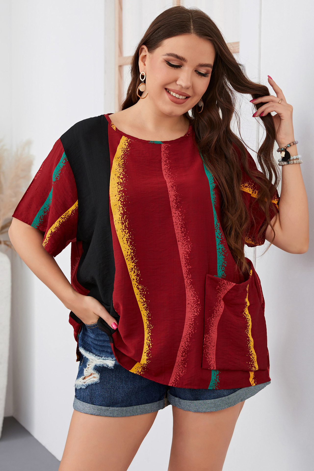 Women's striped contrast color large size women's shirt slim round neck women's clothing_voghion.com