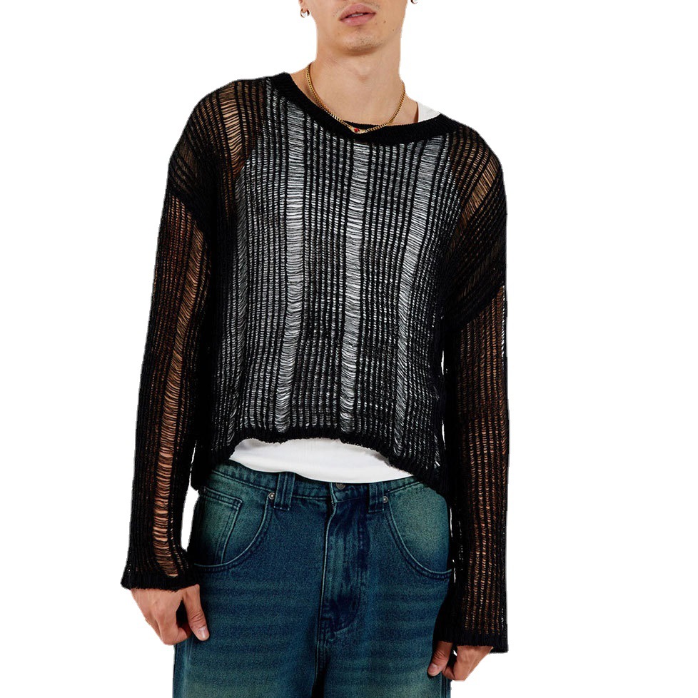 Men's autumn new elastic hollow micro transparent long sleeved loose and versatile knitted sweater men's style_voghion.com