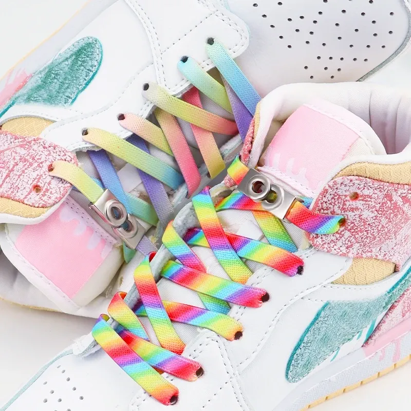 Gradien Rainbow Shoelace No Tie Shoe Meal Buckle Lock Shoelaces Wihou Ties Elasic Fla Laces Sneakers for Kids_voghion.com