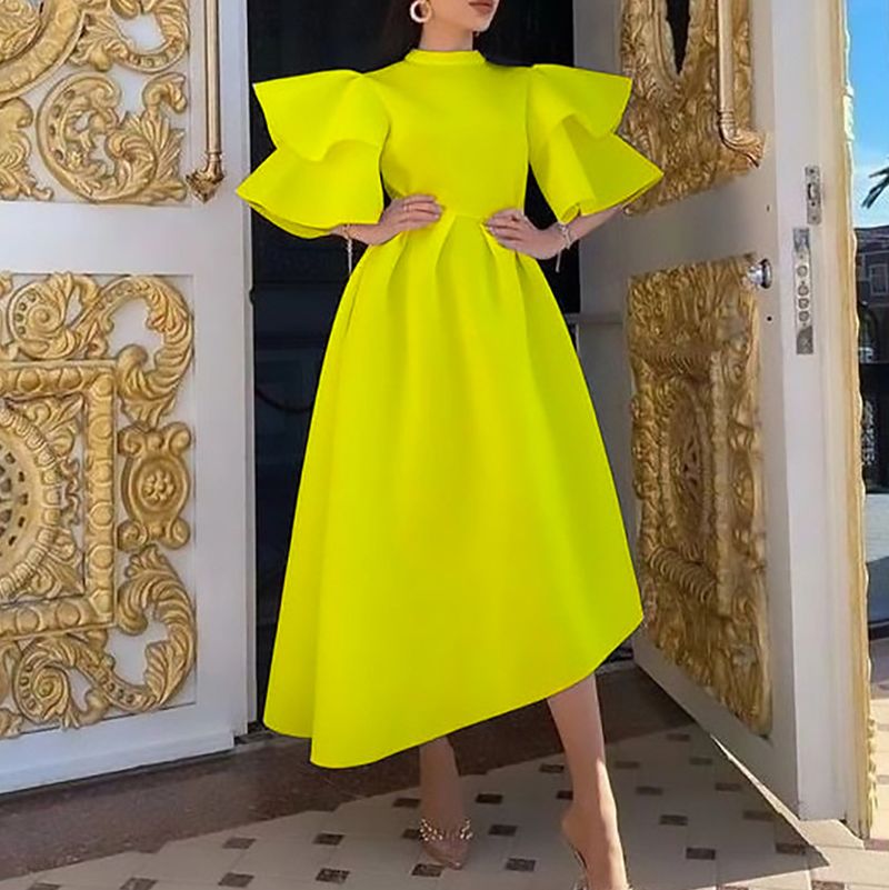 Damen Sommer neues doppellagiges Kleid mit Lotusblattärmeln, einfarbig, unregelmäßigem Rock_voghion.com