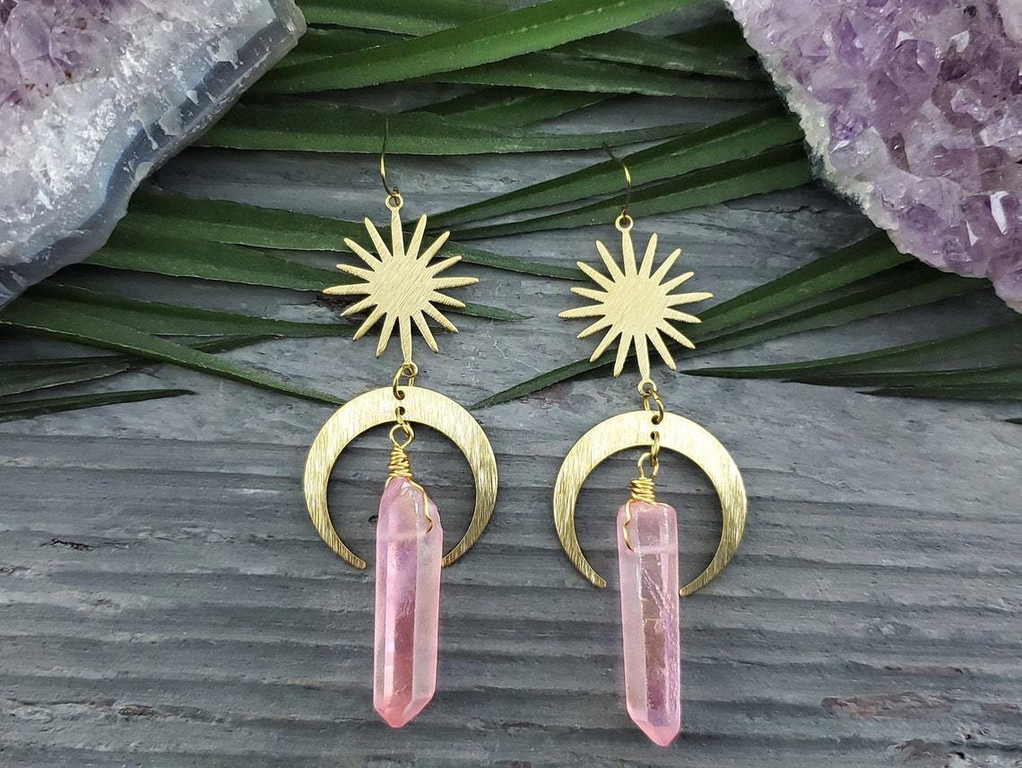 Earrings Pink Quartz Moon Earrings_voghion.com