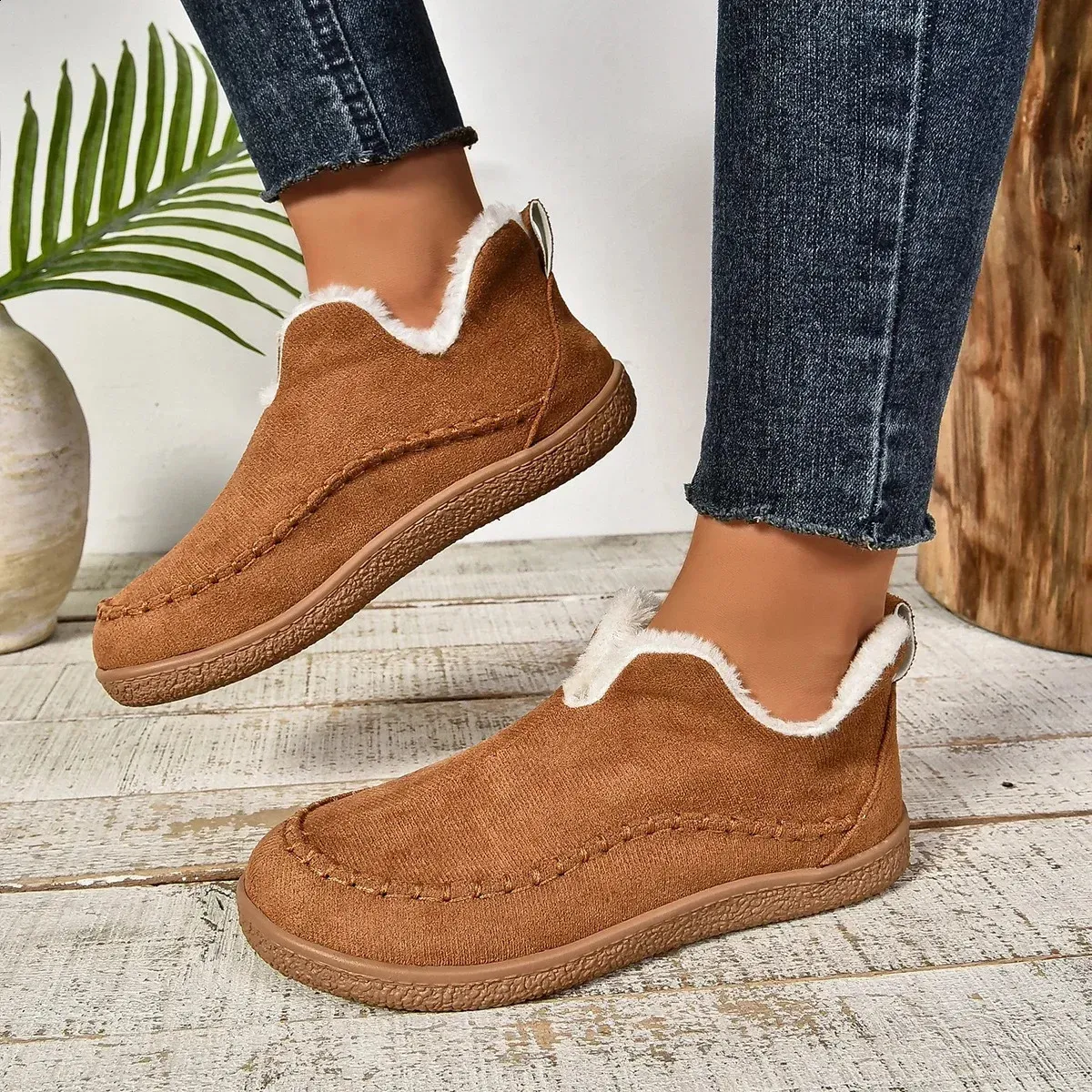 selg long sleeved womens winter round toe plush warm solid flat casual comfortable snow boots 240904_voghion.com