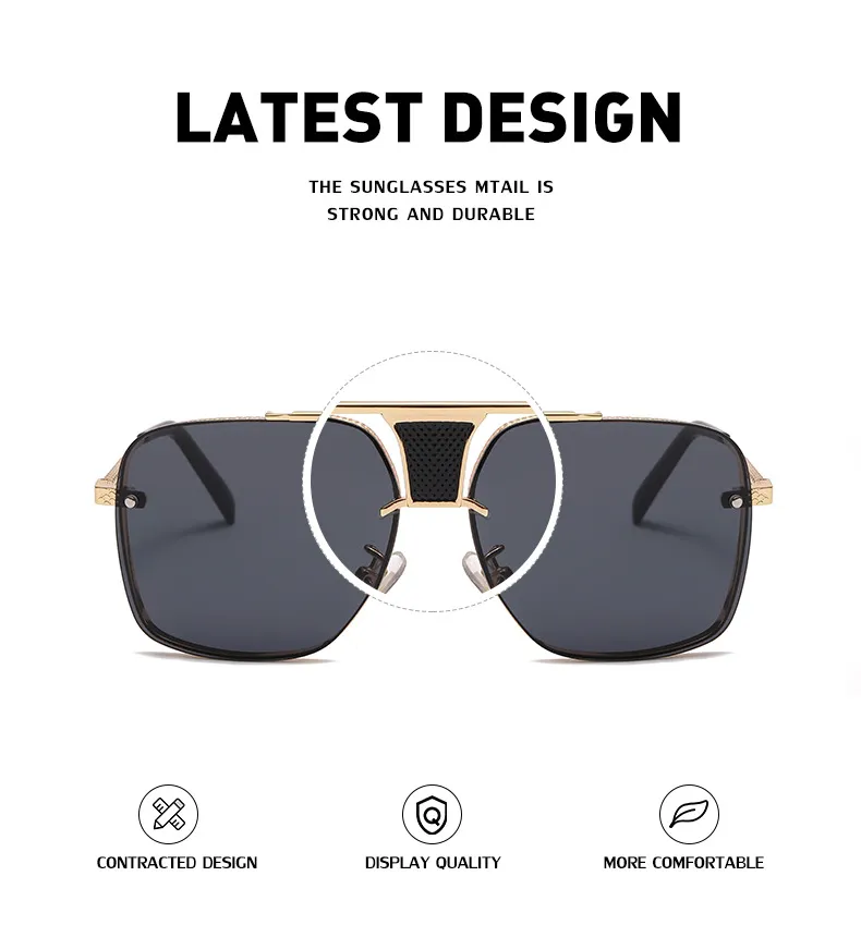 Lunettes de soleil carrées à carreaux pour hommes et femmes, design rétro, décoratives, tendance, grandes lunettes en métal_voghion.com