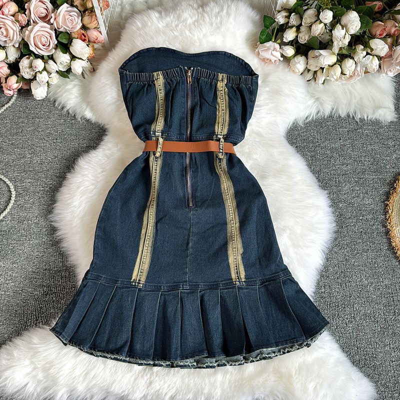 Rochie retro sexy din denim cu tub, cu un umăr, fără spate, cu coadă de pește, plisată pe șold, pentru femei_voghion.com