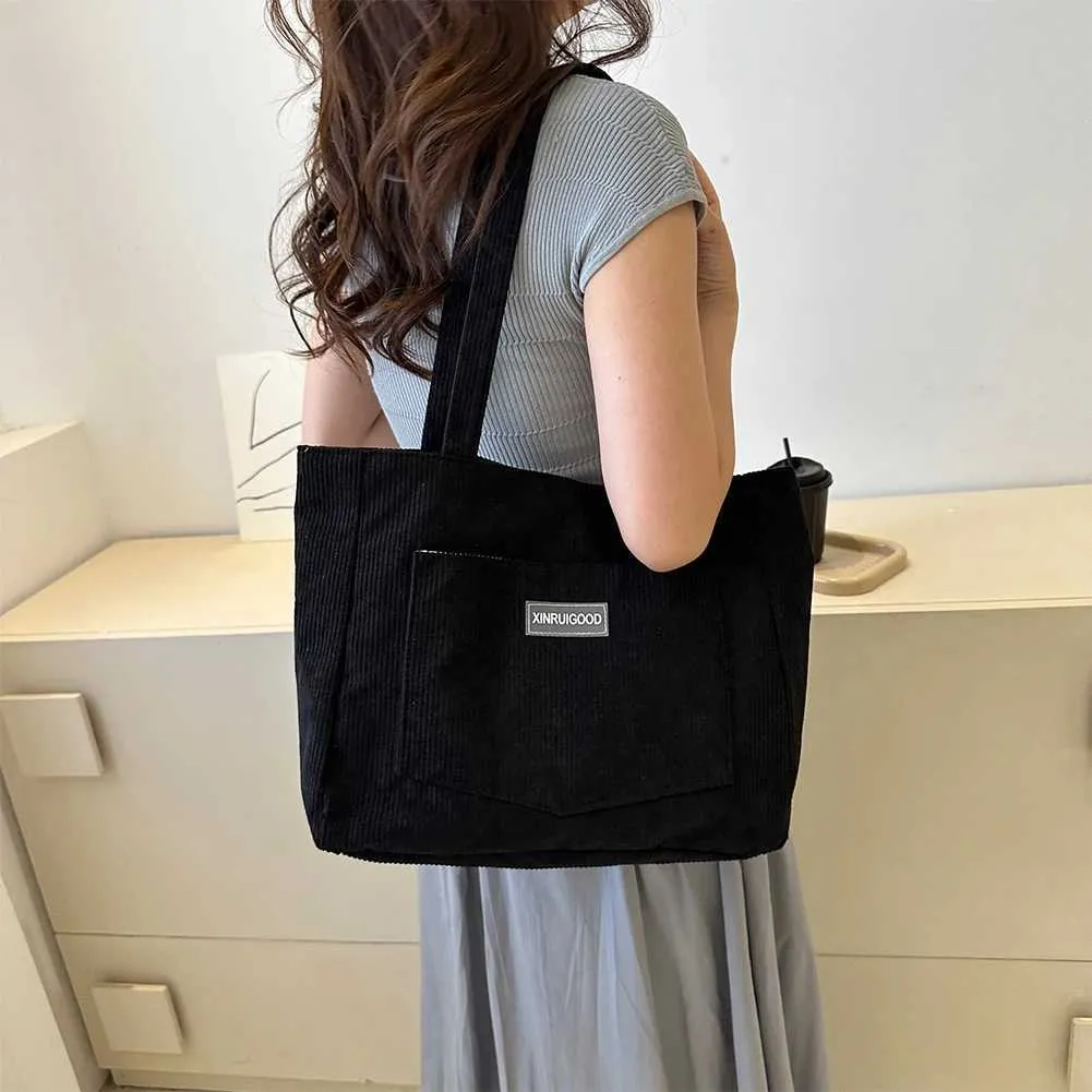 Borsa a tracolla di grande capacità, borsa da donna alla moda in velluto a coste tinta unita con tasca anteriore C241108_voghion.com