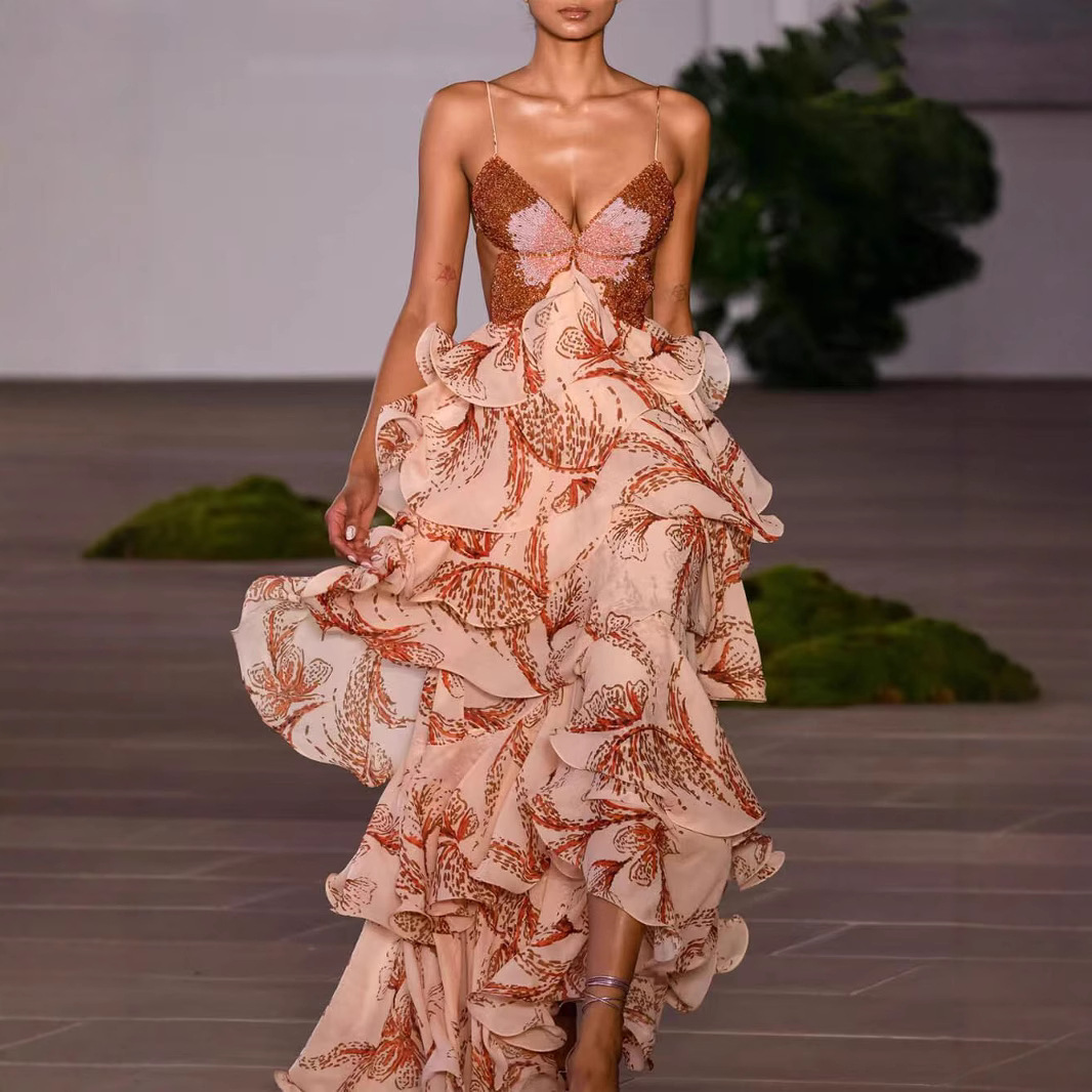 Women’s Clothing Summer Fashion Multi Layer Ruffle Butterfly Dress Long Skirt