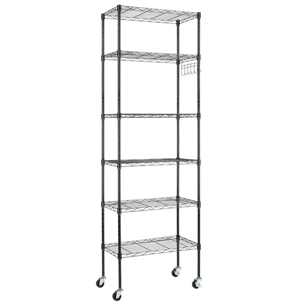 6-Tier Adjustable Layer Shelf With 6 Hooks Heavy Duty Steel Storage Rack Caster Wheels Leveling Feet 55x30x165cm Black_voghion.com