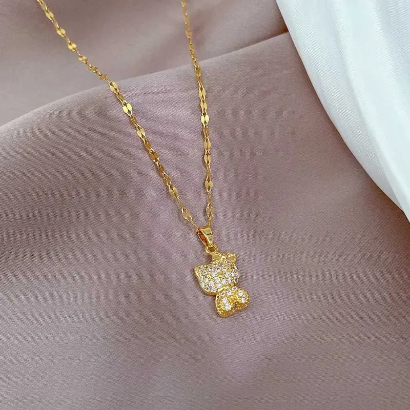 Halsketten Edelstahl Gold Farbe Überzogene Anhänger Liefert Micro Pave Zirkon Schöne Katze Bowknot Liebe Halskette Für_voghion.com