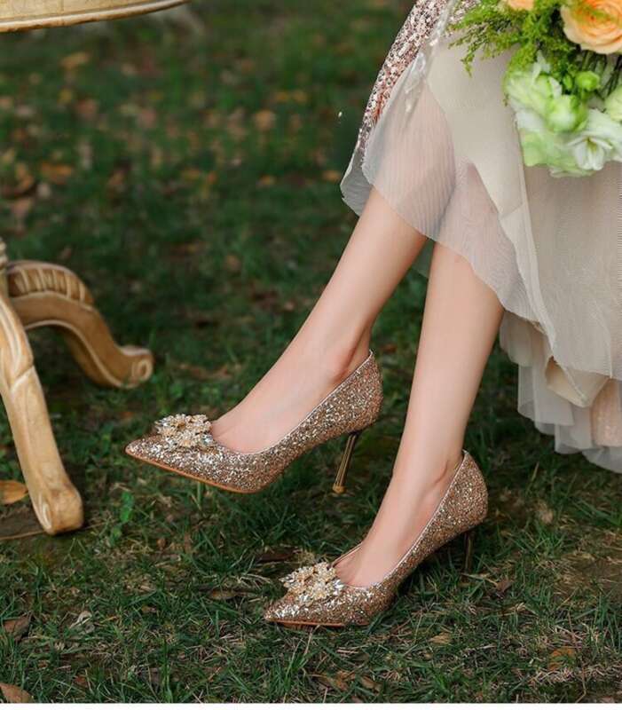 Wedding High Heels,Two Pairs Of Crystal Bridal Shoes,Women's New Champagne Color Rhinestone_voghion.com