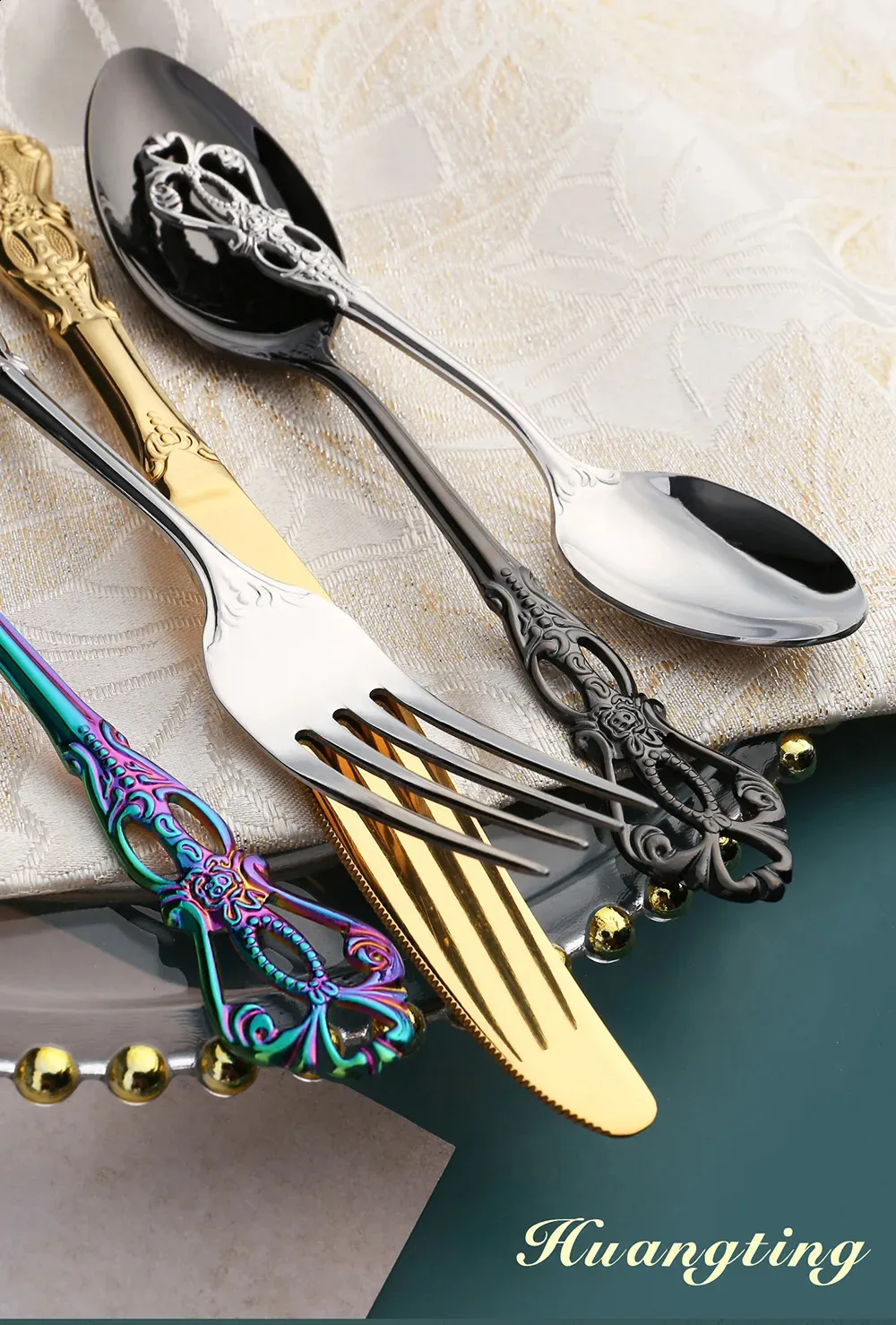 Conjunto de talheres de aço inoxidável dourado, colher, garfo e faca de bife europeus, retrô, oco, louça, talheres_voghion.com