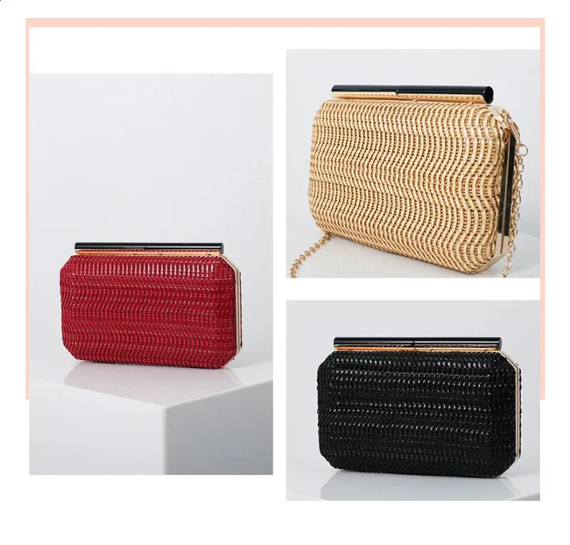 Rote Rattantasche für Damen Taschen Gewebte Clutch 2024 Strohgeldbörsen Umhängetasche Schultertasche Telefon Geldbörse Vintage Handtasche 240820_voghion.com