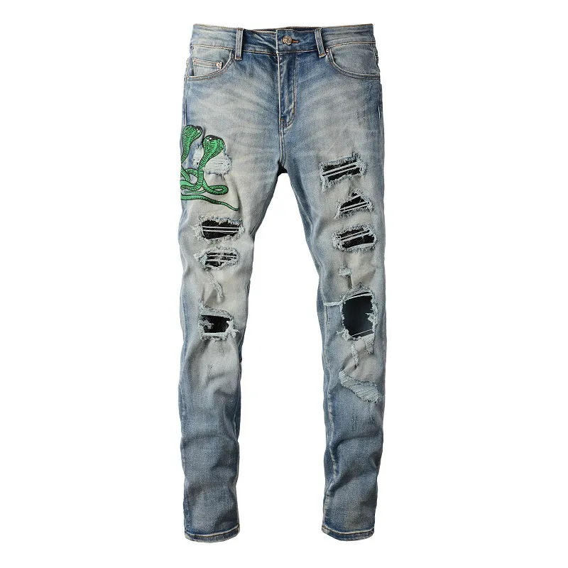 Men's Jeans Light Blue Embroidered Snake Patchwork High Street Stretch Distressed Slim Fit Ripped Men_mkmklike.com