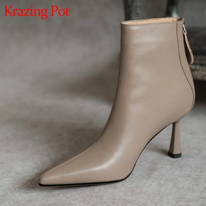 Krazing Pot Big Size 42 Cow Leather Pointed Toe High Heels Chic Design Concise Winter Spring Shoe Dress Warm Wedding_voghion.com