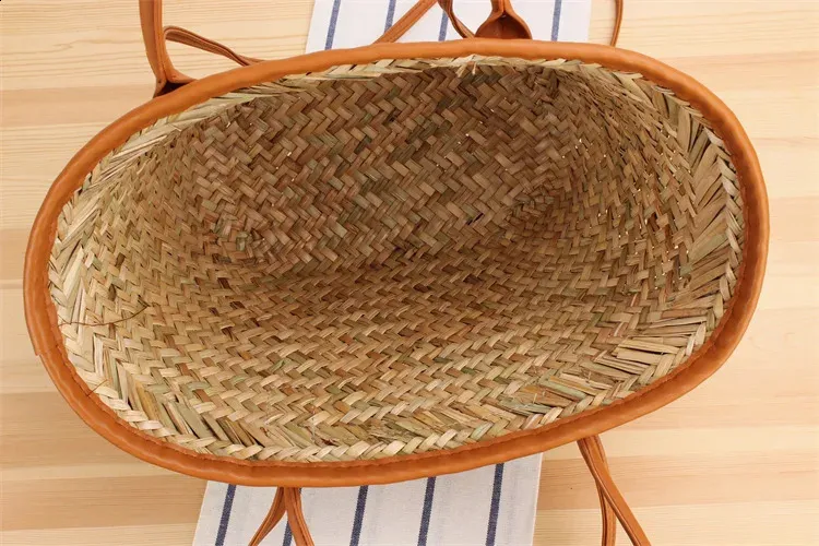 Casual Rattan Basket Bag Wicker Woven Women Handbags Handmade Summer Beach Straw Shoulder Crossbody Bags Big Tote Purse_voghion.com