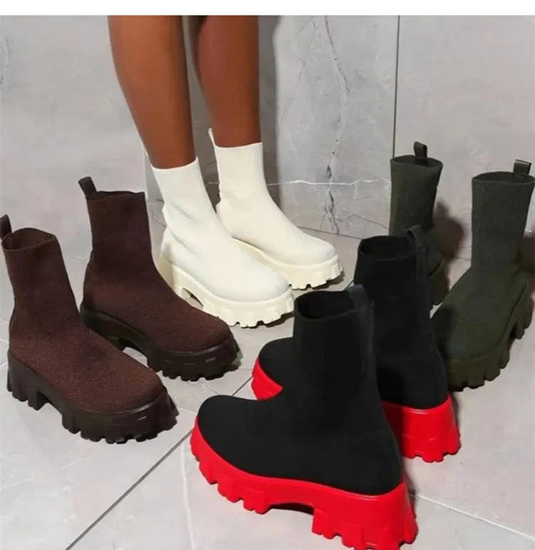 Scarpe autunnali corte con plateau e maglia per le donne Stivaletti con tacco Bianco Inverno Botas Mujer_voghion.com