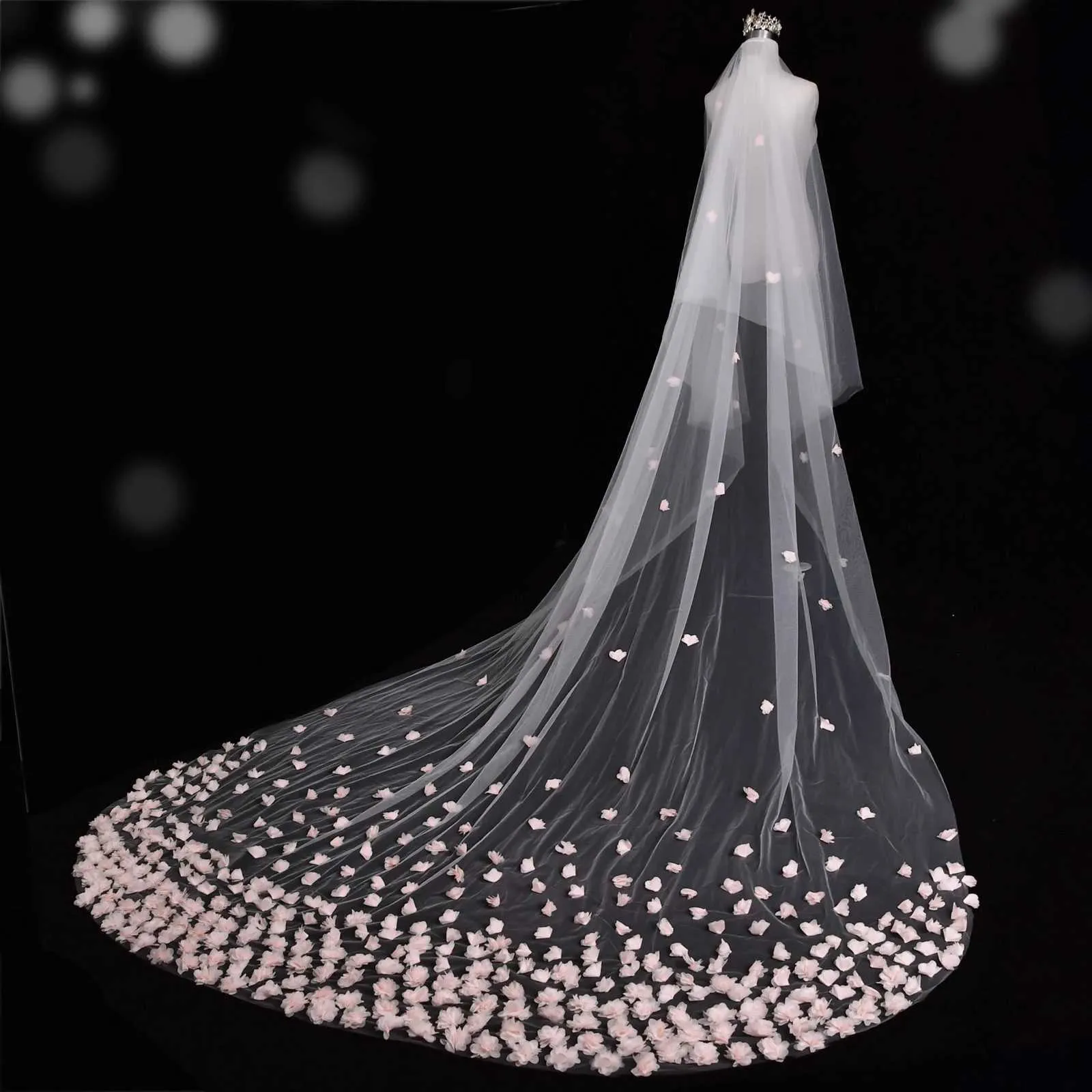 Hair Jewelry V95 Wide Pink Flower Appliqued Wedding Veil Long Cathedral Style Illusion 2 Tier with Comb Bridal_ipsvogv.com