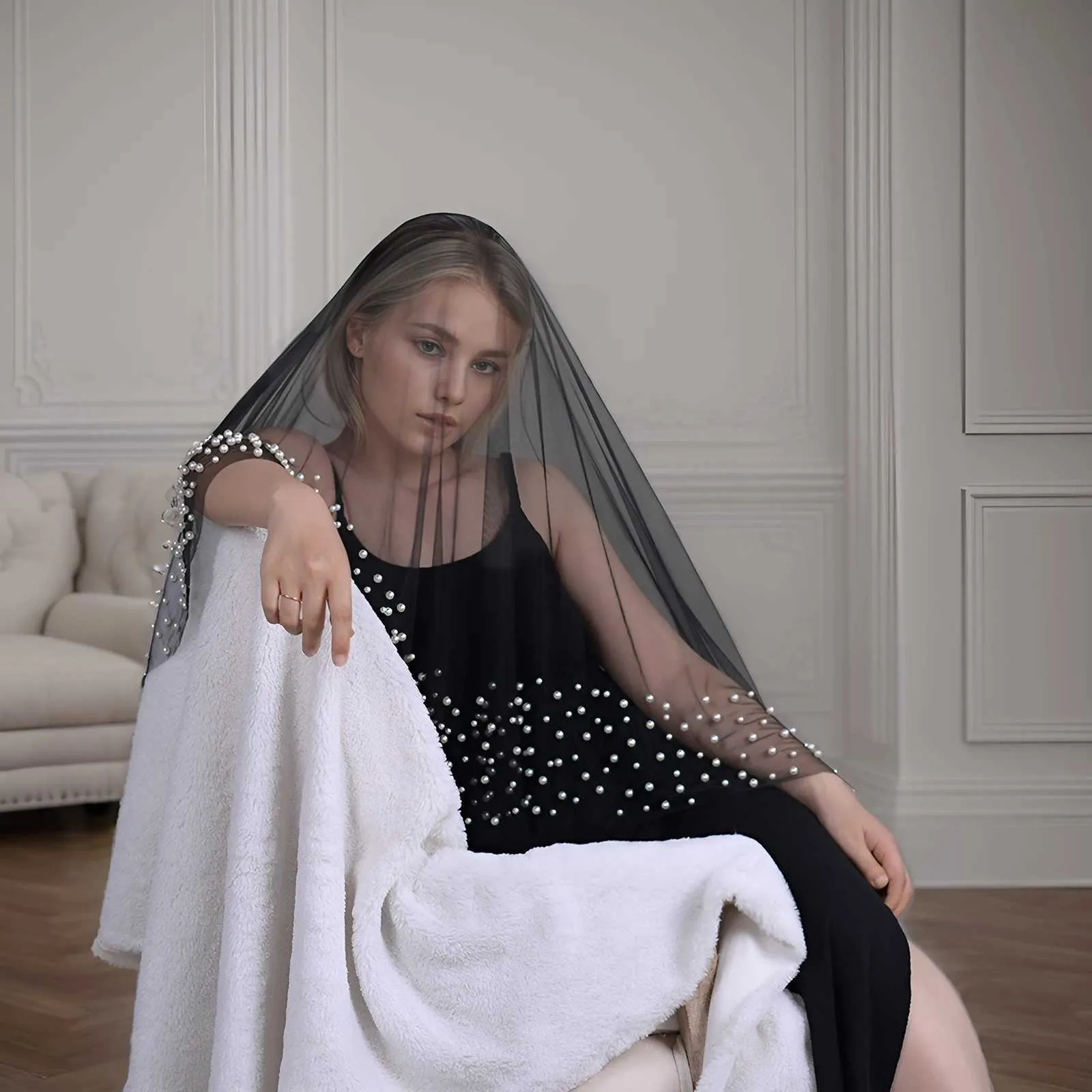 Hair Jewelry Pearls Bridal Veils Drop Style Beaded Veil NO Comb Cover Face Black Wedding Dresses Accessories V228_voghion.com