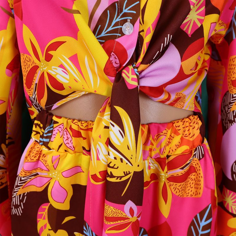Women's Fashion Print Two-piece Lapel Tie Shirt Wide Leg Pants Suit_voghion.com