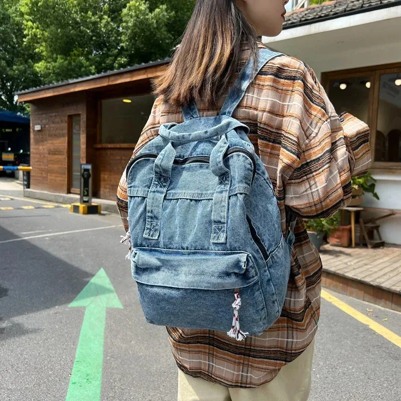Retro Denim Womens Backpack Canvas Shoulders Bag College Knapsack Big Packbag Travel Rucksack Student Jeans Mochila Y2K_voghion.com