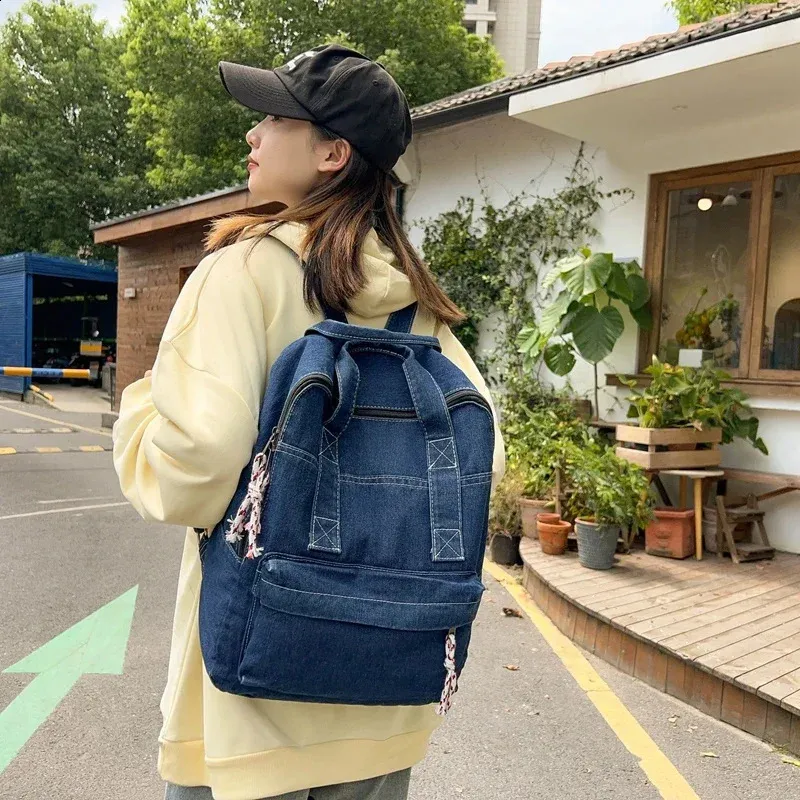Retro Denim Womens Backpack Canvas Shoulders Bag College Knapsack Big Packbag Travel Rucksack Student Jeans Mochila Y2K_voghion.com