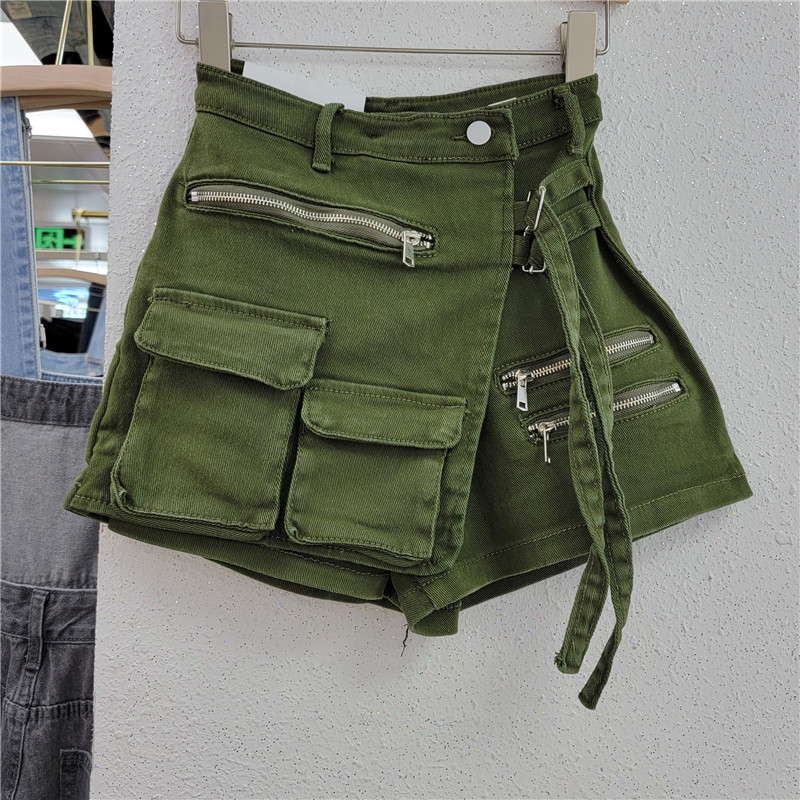 Damen-Shorts, koreanische Version, unregelmäßige Arbeitskleidung mit mehreren Taschen, A-Linien-Shorts für Damen, lockeres, weites Bein, 2024 Frühling/Sommer, neuer Jeansrock_voghion.com