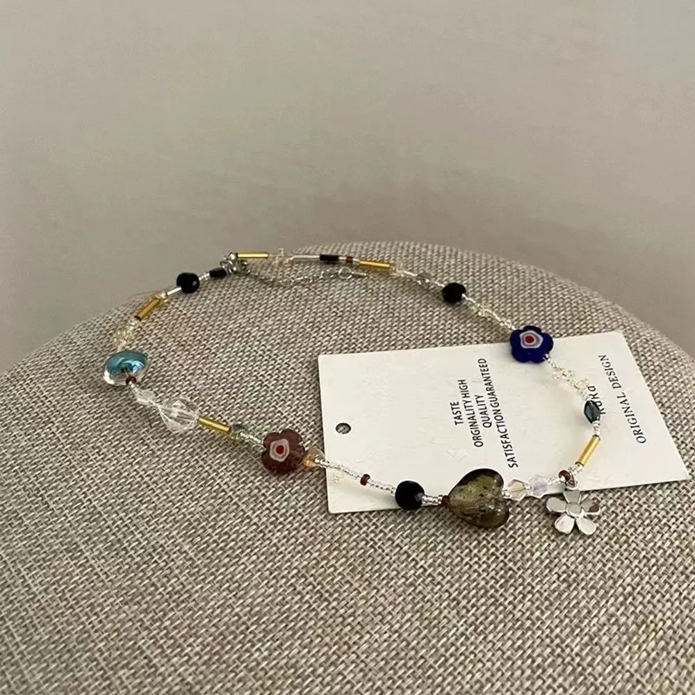 Chains Korean Trendy Exquisite Retro Flower Love Heart Beaded Necklace For Women Personality Simple Cool Clavicle Chain_voghion.com