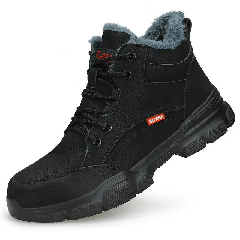 Bottes de sécurité en cuir noir pour homme, chaussures de travail imperméables et résistantes à la pression des clous, bout en acier inoxydable_voghion.com