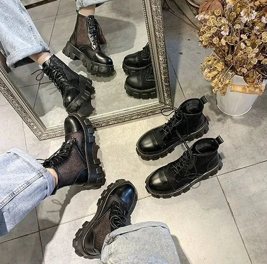 Booties Kurze Schuhe für Damen Punk Style Schwarze Biker Schnürschuhe Leder mit Schnürsenkeln Combat Damen Stiefeletten_voghion.com
