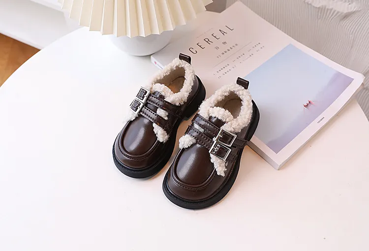 Children Leather Loafers For Boys Girls Winter Thick Soled Lamb Wool Warm Girl Uniform Princess School Cotton Shoes_voghion.com