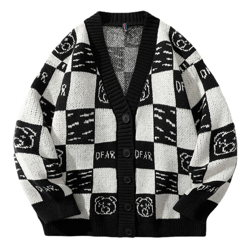 Sweater autumn and winter V-neck knitted cardigan men's color blocking trend youth loose jacquard sweater jacket_voghion.com