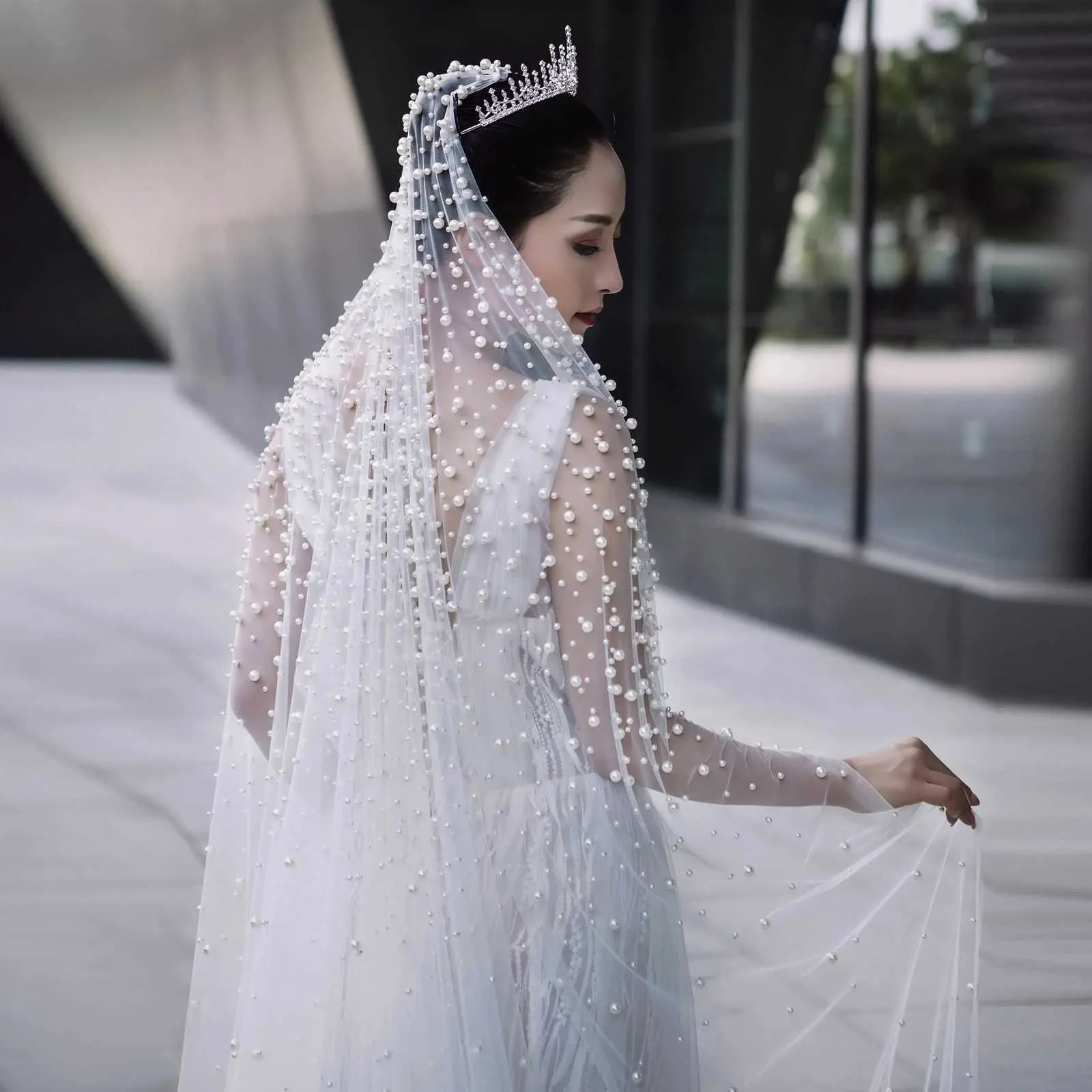 Gioielli per capelli V139a Veli da sposa con perline Velo extra lungo da cattedrale Lunghezza 3 metri con pettine Accessori da sposa_voghion.com