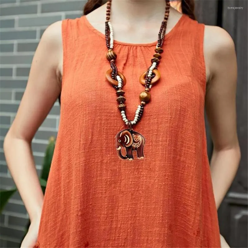 2023 Boho Takı Etnik Stil Uzun El Yapımı Boncuk Ahşap Fil Kolye Kadınlar İçin Uygun Fiyat_voghion.com