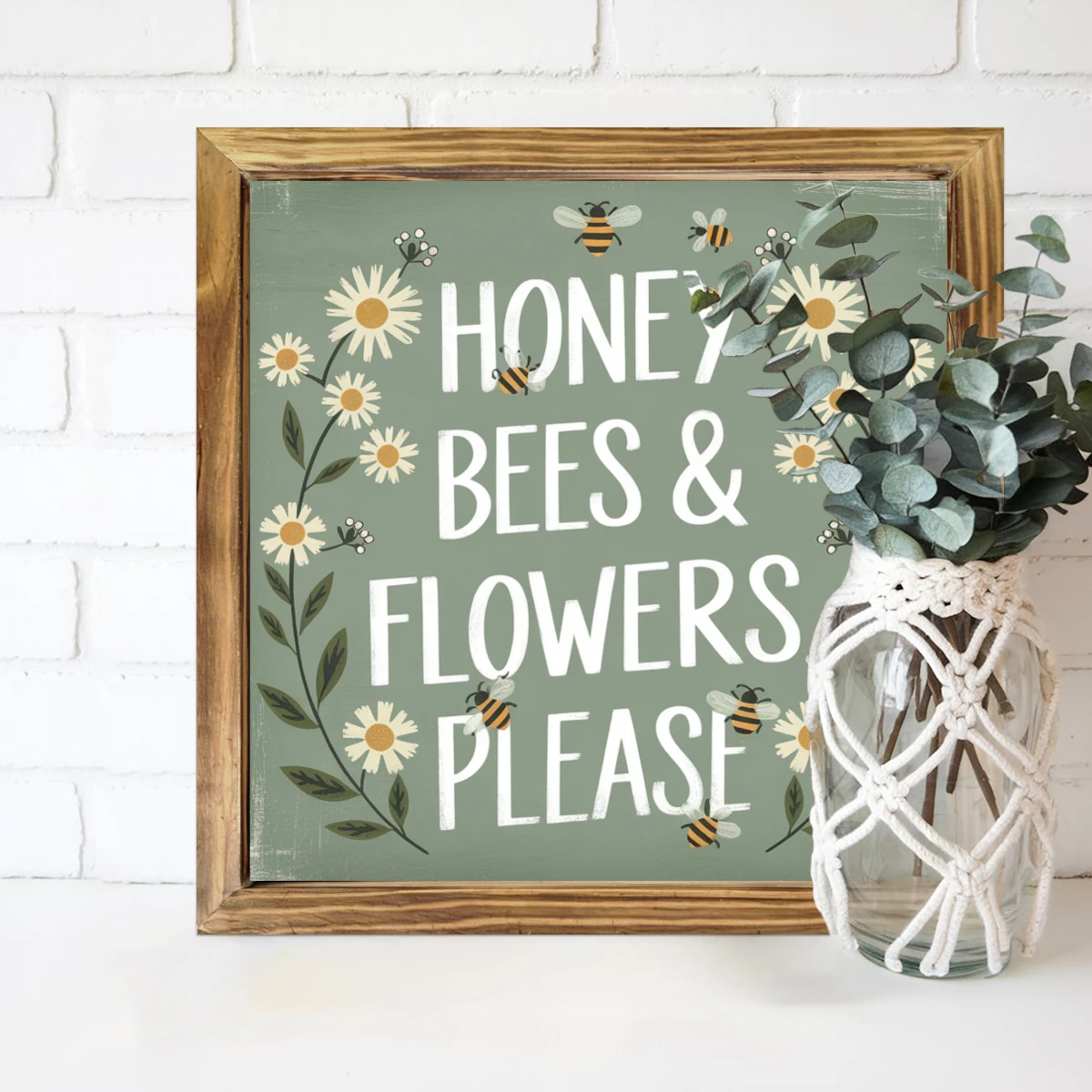 "8x8" 'Honey Bees & Flowers, Please' Wood Sign - Rustic Farmhouse Wall Art For Living Room, Entryway | Playful Easter Gift_voghion.com