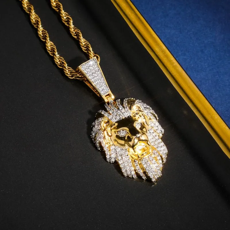 Collana con ciondolo a forma di testa di leone Hip Hop TopBg, da uomo, in oro 14k, con ciondolo a catena in corda._voghion.com