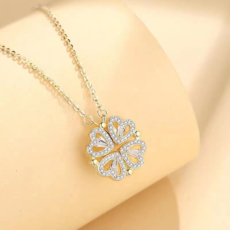 Collana con quadrifoglio a forma di cuore in argento Sterling S per donna, un paio, due paia di cuori piccoli, celebrità di Internet,_voghion.com