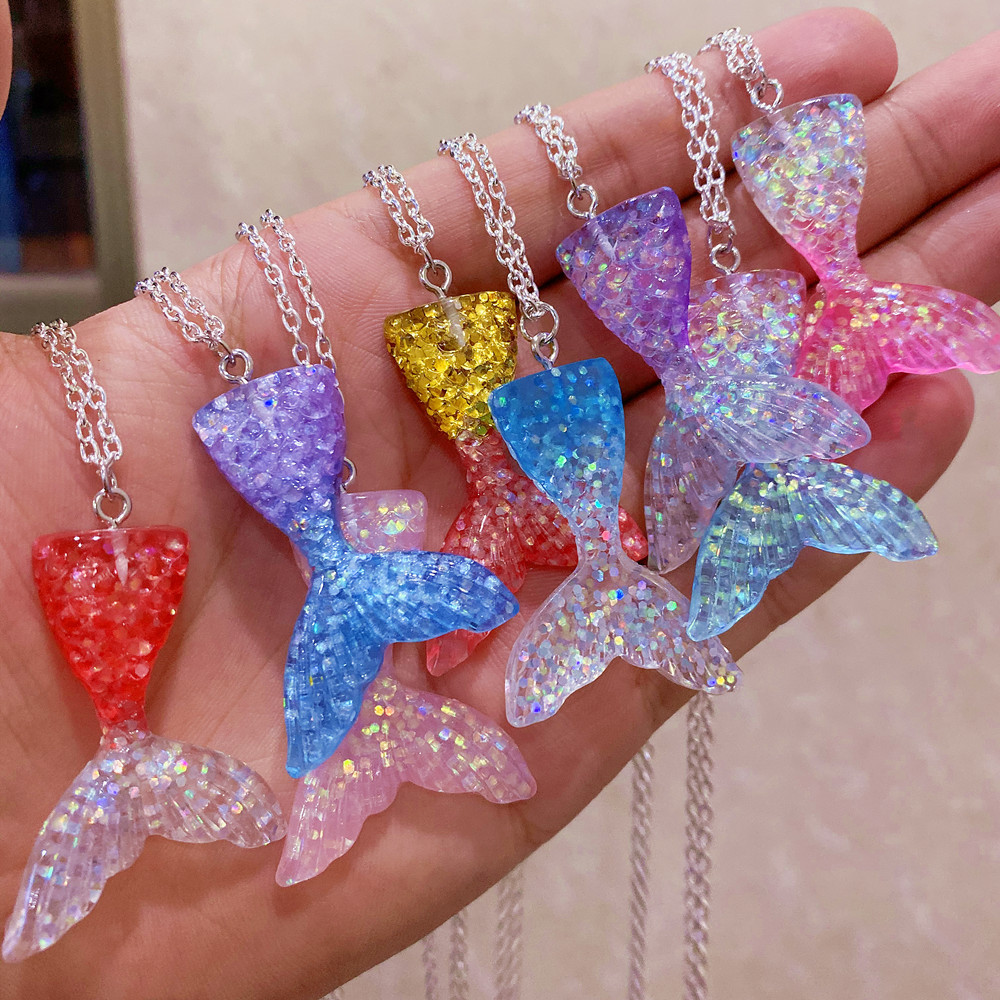 Unisex Colorful shimmer fish scale gradient mermaid tail necklace_voghion.com