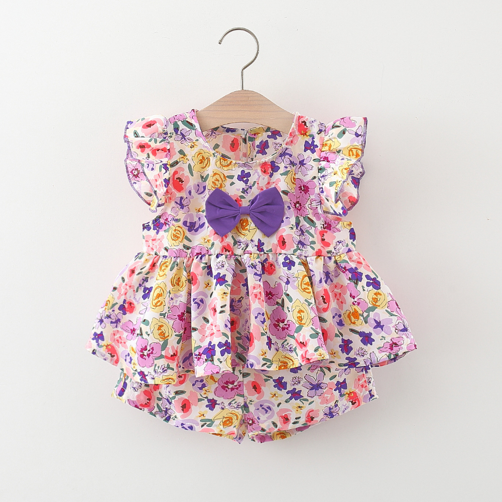 Baby Mädchen Kleidung Set Blume Gedruckt Bogen Top + Baumwolle Shorts Koreanischen Stil Kinder Kleidung_voghion.com
