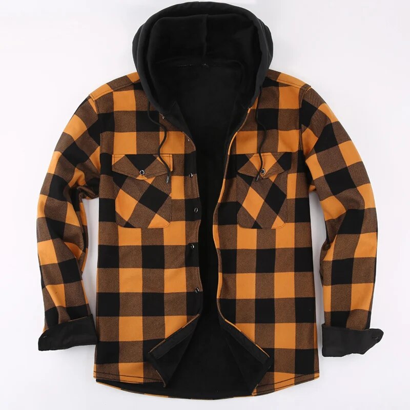 2024 Nuovo Autunno e Inverno Uomo Flanella Calda Maniche Lunghe Camicie Casual Moda Comoda Camicia A Quadri Con Cappuccio Uomo_voghion.com