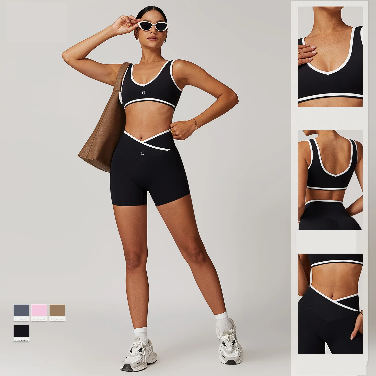 8843 Ensemble de yoga pour femmes, deux pièces, bralette, survêtements de sport, soutien-gorge, short Fiess, pantalon Fared, vêtements de sport d'entraînement_voghion.com