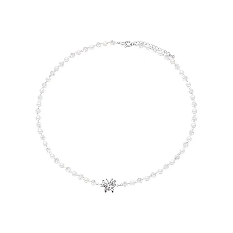 Collane con ciondolo Collana girocollo a farfalla con perle coreane Collana da donna con perle trasparenti per feste di nozze_voghion.com