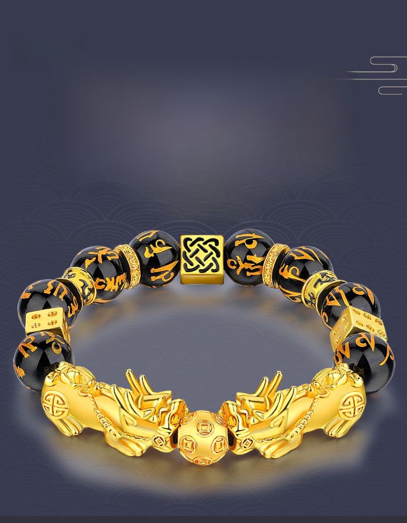 Bracciale unisex con perline di mantra a sei caratteri in ossidiana color oro e moda_voghion.com