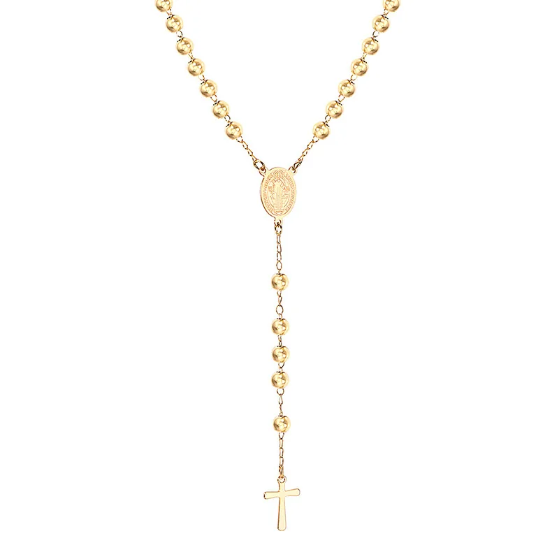 LUXUSTEEL Beads Jesus Cross Long Necklace For Women Men Stainless Steel Rosary Christian Catholic Religious