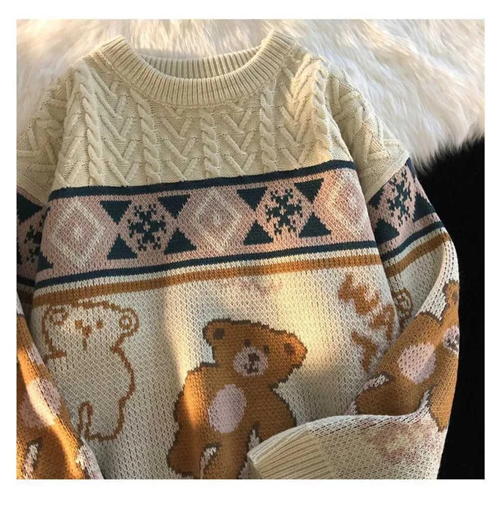 Niedlicher Bär Übergroßer Herren High Street Stricktop Herbstpullover Lose Haruku Kawaii Weiß Damen Paarpullover_voghion.com