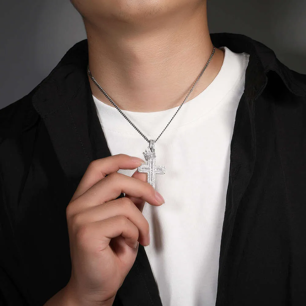Krone kors anheng halskjede menn Hip Hop punk mote personlighet bred GRA moissanitt diamant gull sterling sier cubansk_voghion.com