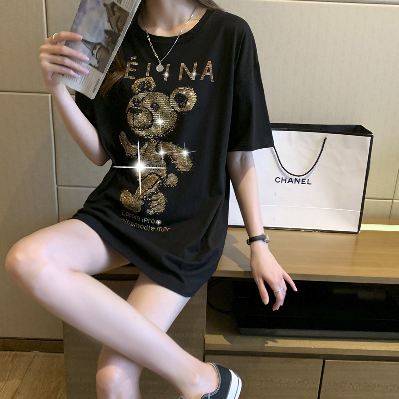 T-shirt estiva a maniche corte nera Bear Hot Diamond da donna in cotone pettinato, versione ampia di media lunghezza_voghion.com