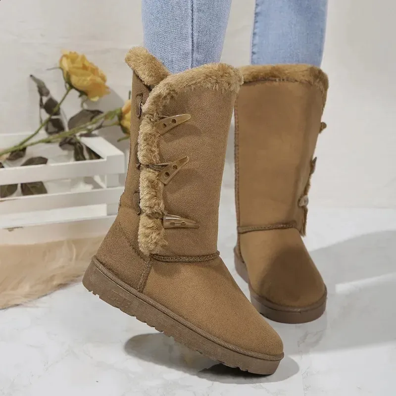 Vrouwen Sneeuw Winter Mid-calf Warm Katoenen Schoenen Mode Effen Kleur Knoop Dames Bruin Lange Laarzen Plus Maat 41 240830_voghion.com