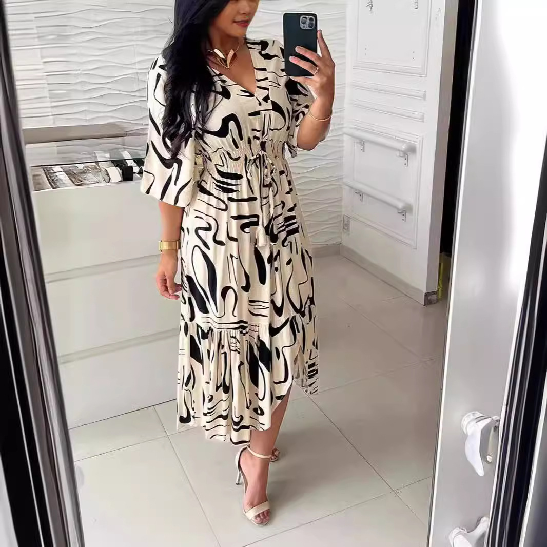 Vêtements pour femmes été nouvelle robe imprimée col en V taille haute à lacets évasée à manches mi-longues à volants fendus jupe longue