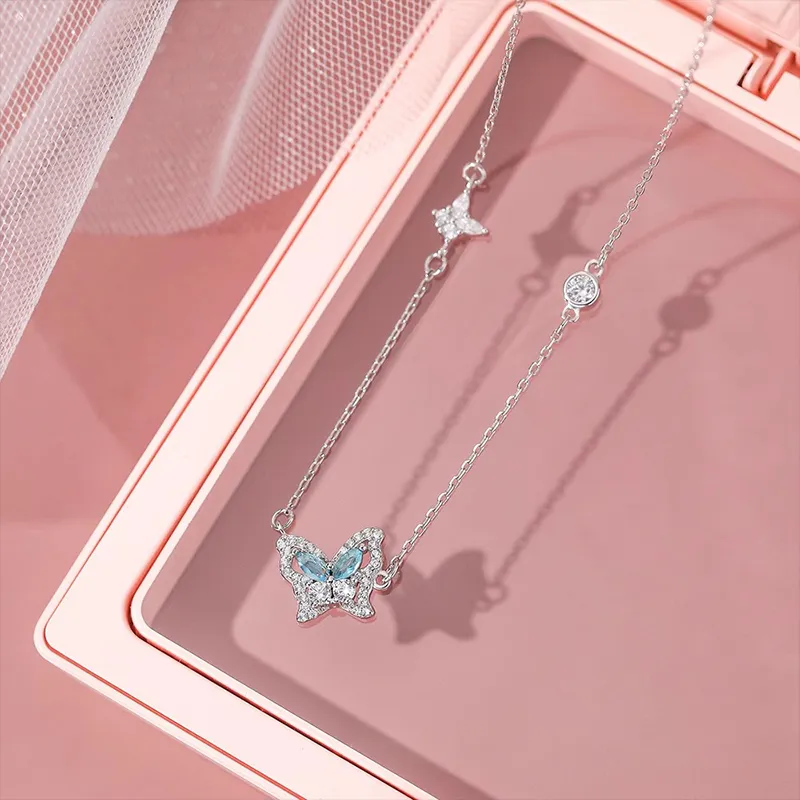 Chaînes en argent sterling avec pendentif papillon brillant pour fille douce, bijoux élégants à la mode, chaîne de clavicule pour femmes_voghion.com